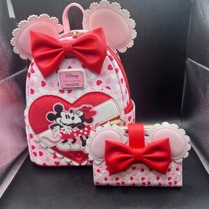Loungefly Pink and Red Minnie Mouse Kids Backpack and Wallet